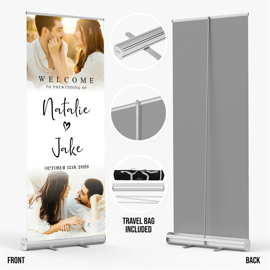 Customized wedding retractable banners - personalized photo wedding welcome signs, reception decorations and background curtains